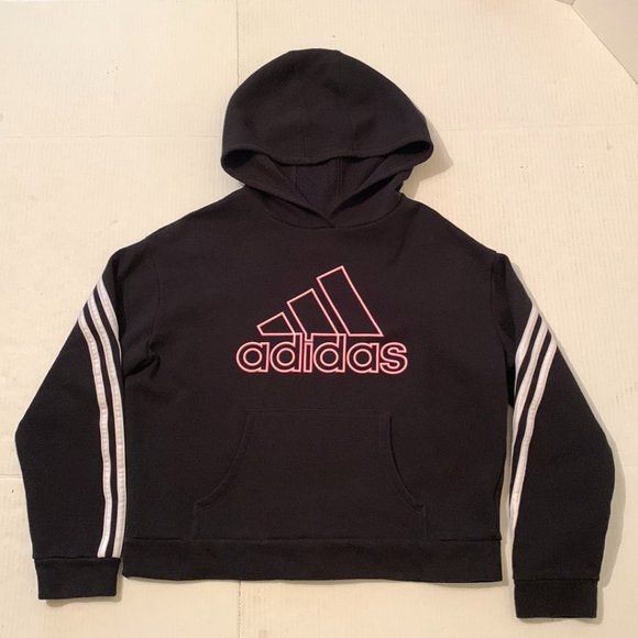 Adidas Youth Black White Hooded Sweatshirt Cropped Logo Front Pullover Size XL - Picture 1 of 8